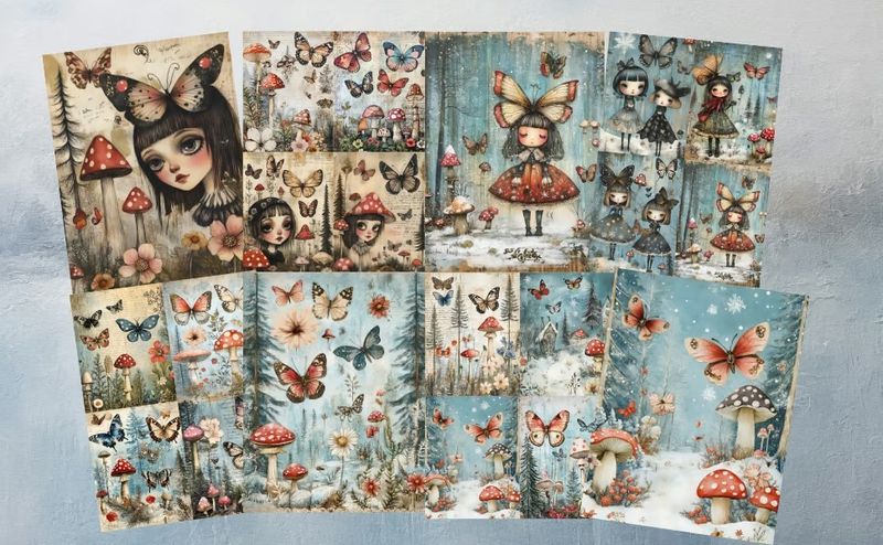 Whimsical Butterfly Mushroom Fairy Scrapbook Paper – Kate Curry / Poortoast